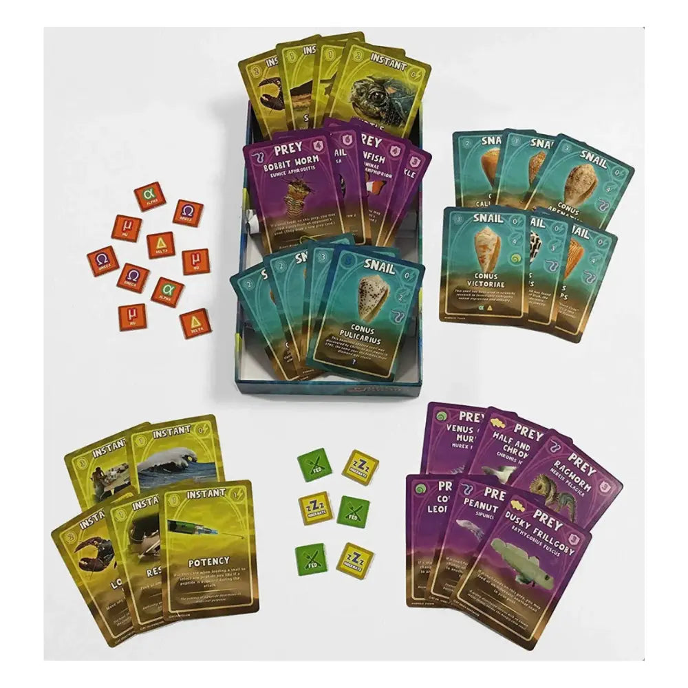 Collection of game cards with various designs and colors on a white background