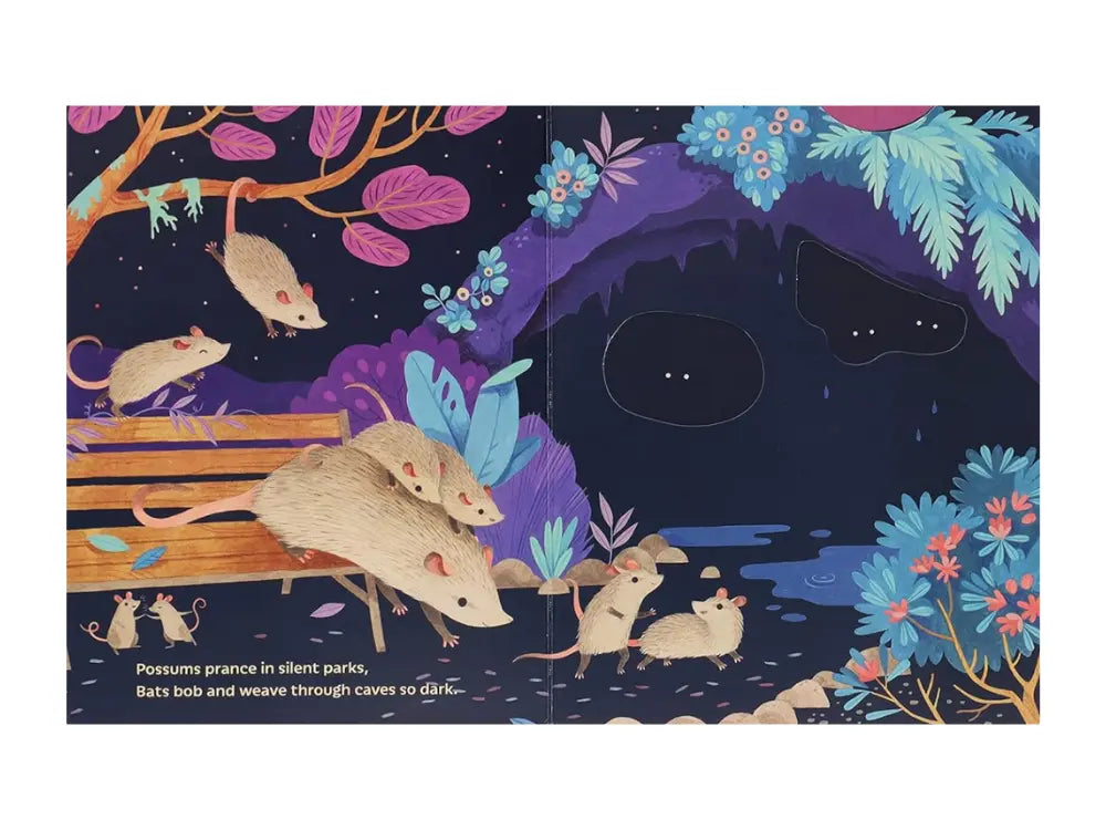 an illustration of a family possums in  park at night