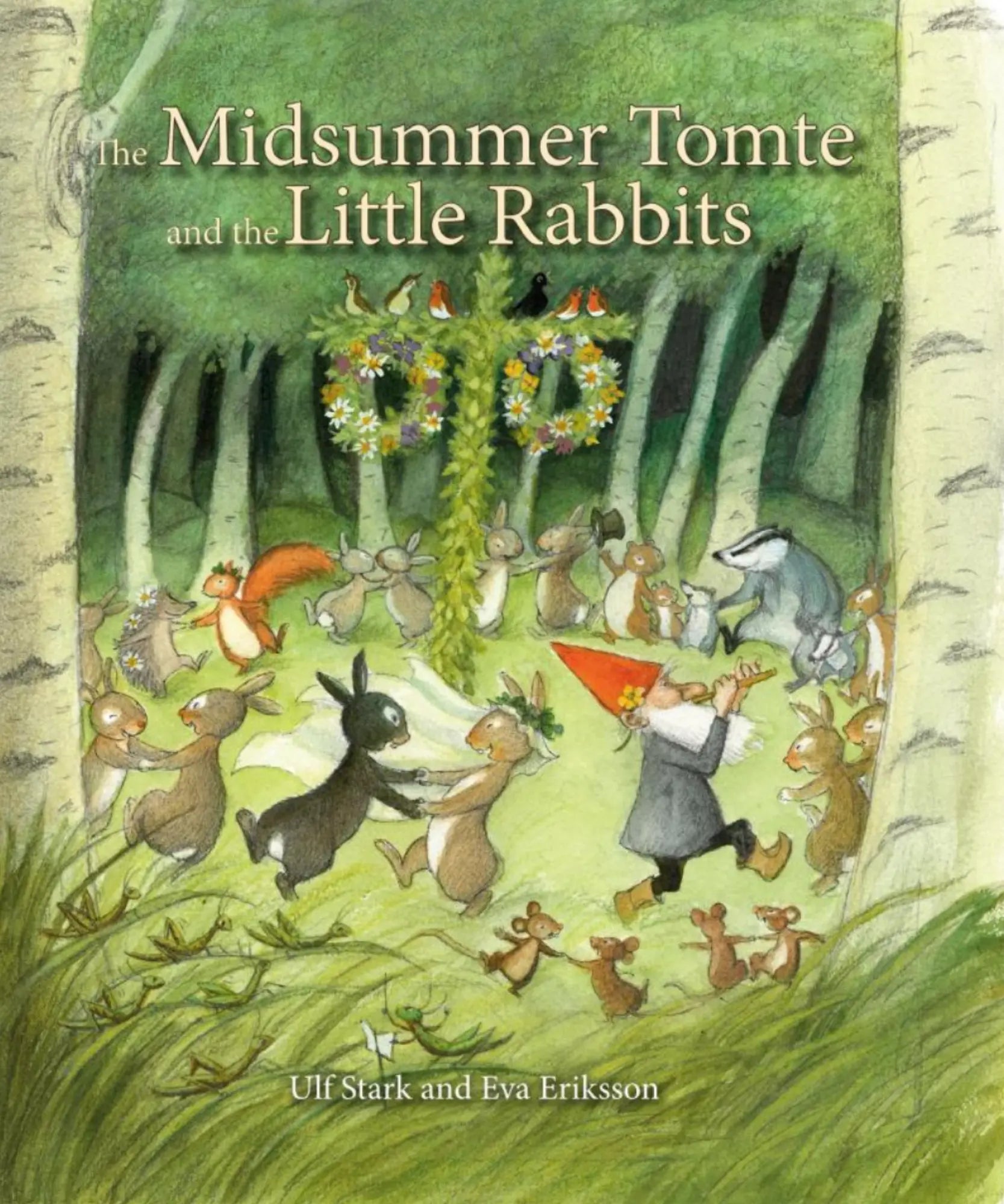 Book cover of 'The Midsummer Tomte and the Little Rabbits' with illustrations of animals in a forest setting.