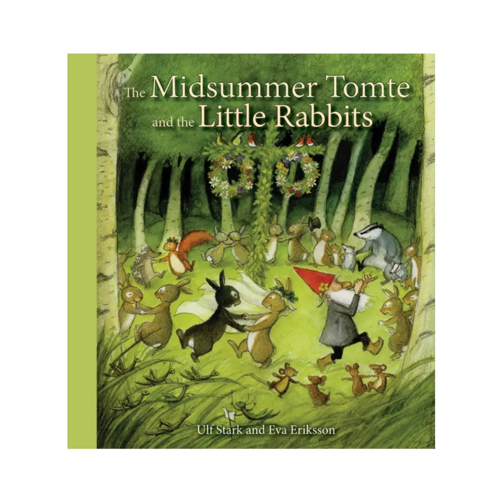 Book cover of 'The Midsummer Tomte and the Little Rabbits' with illustrations of creatures in a forest setting.