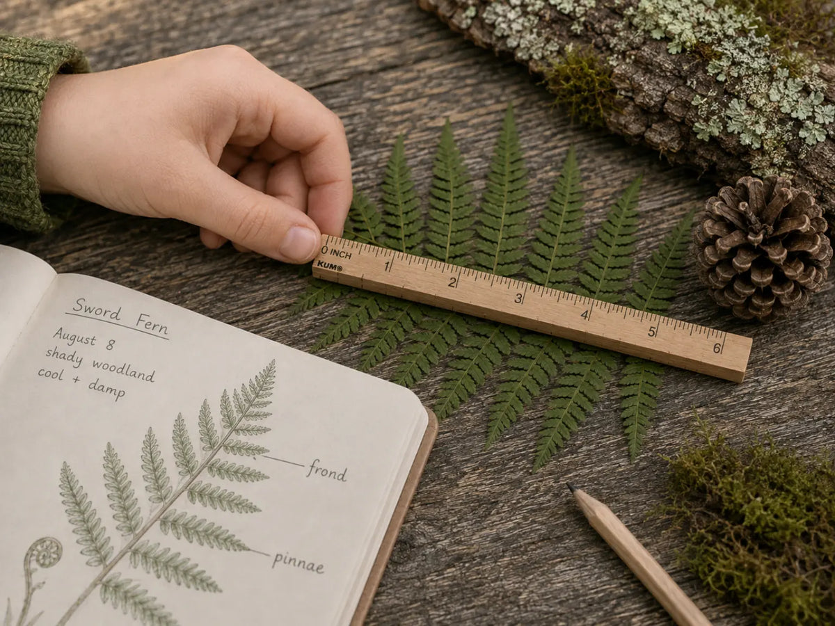 Child measuring a fern with a mini 6-inch wooden ruler during an outdoor nature study