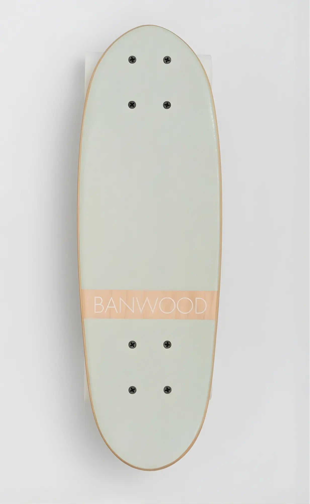 Skateboard deck with 'Banwood' branding on a white background