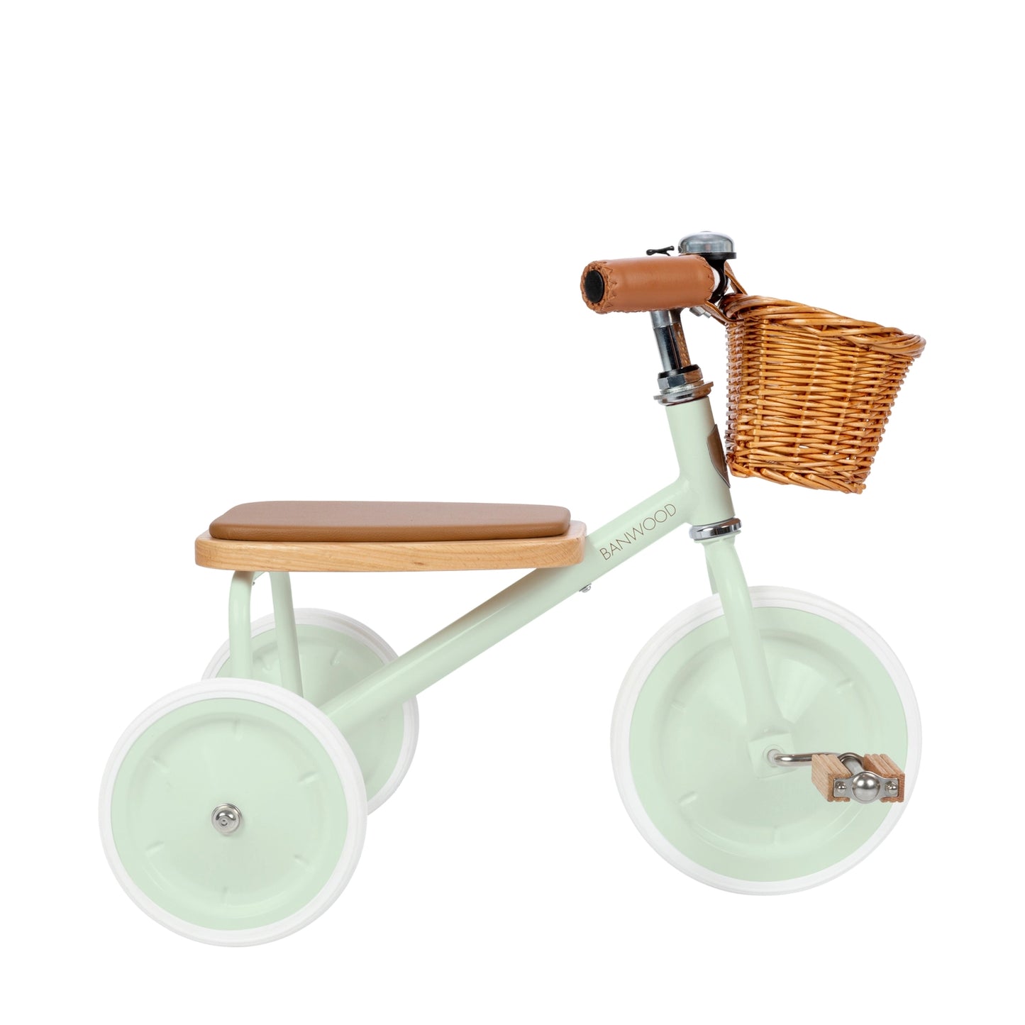 Children's mint green tricycle with a wooden seat and basket on a white background