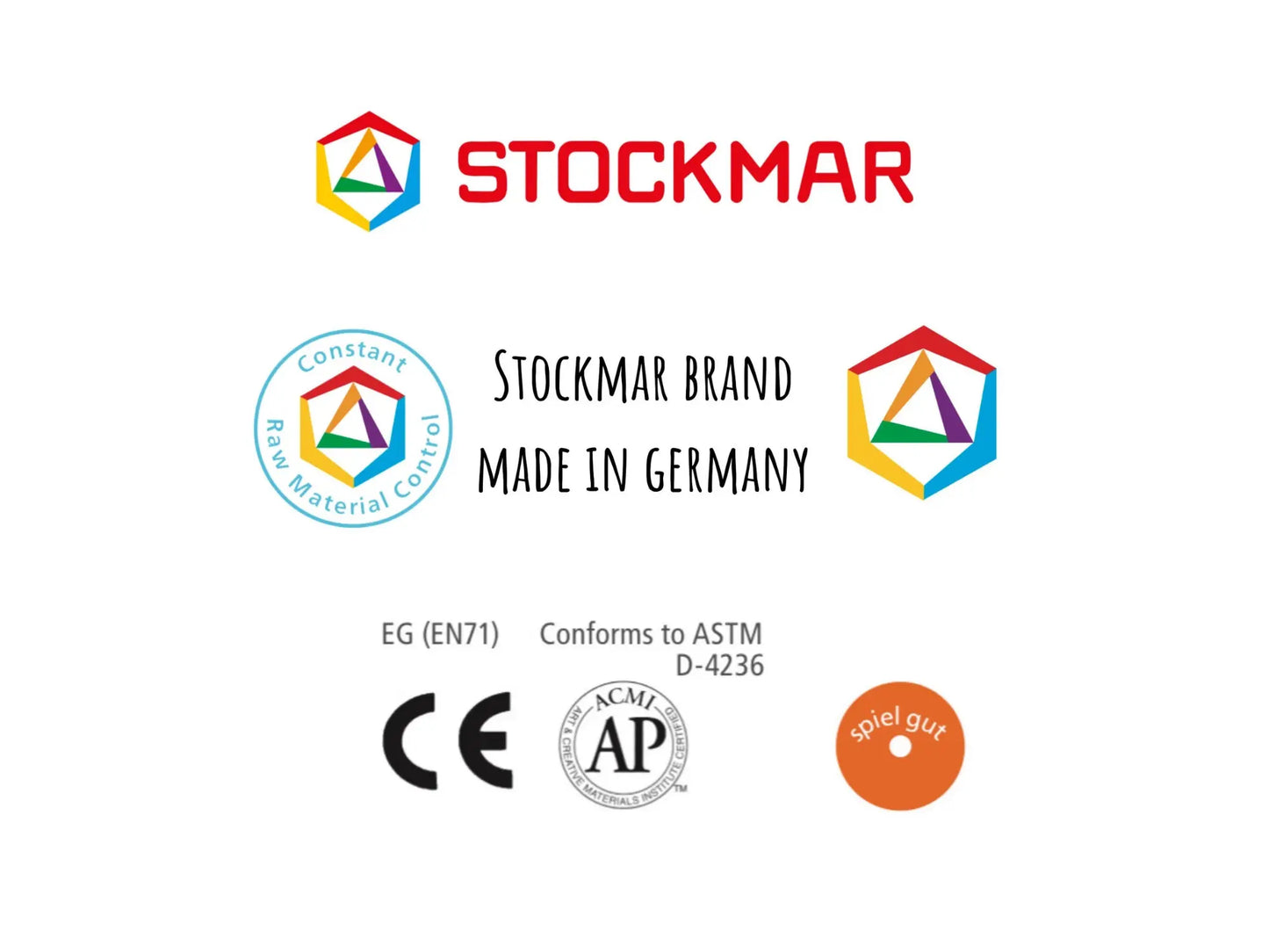 Modeling beeswax by Stockmar showing safety certifications including Spiel gut, ACMI AP non-toxic, CE, and constant raw material quality marks