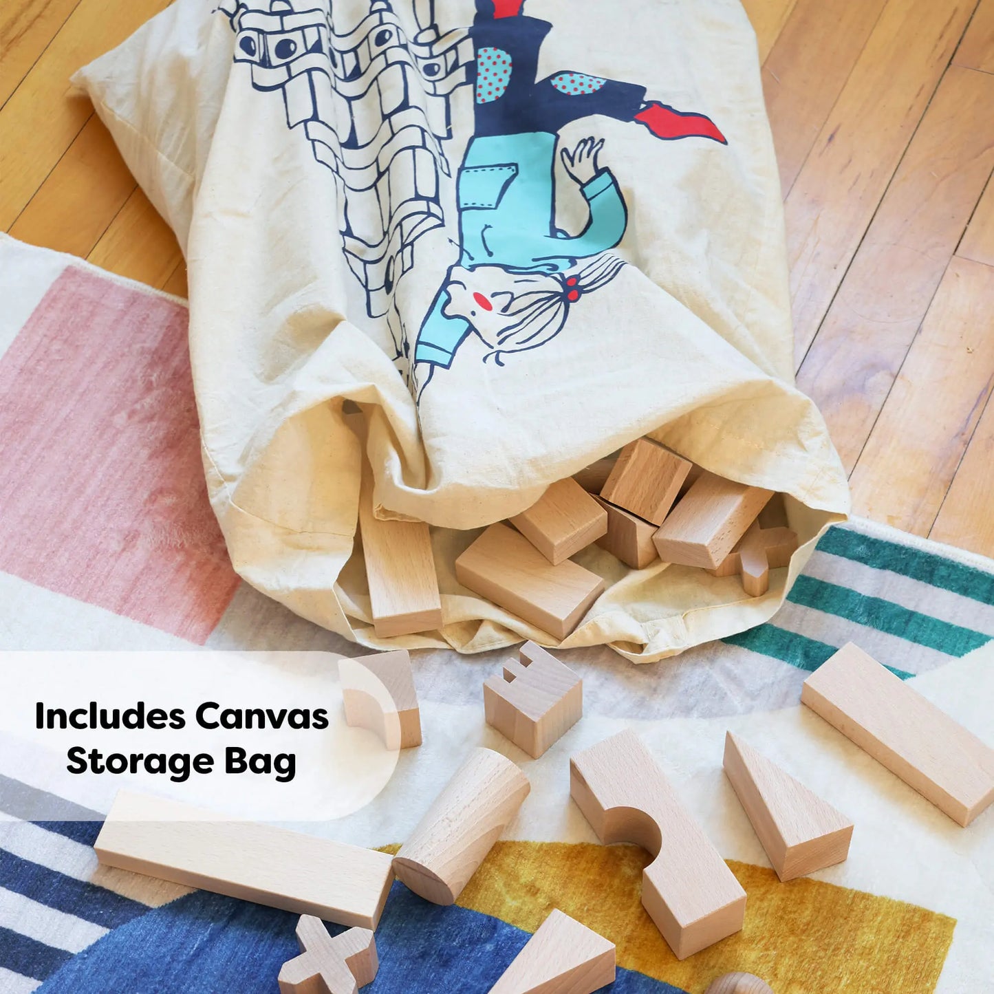 Wooden blocks with a canvas storage bag on a wooden floor