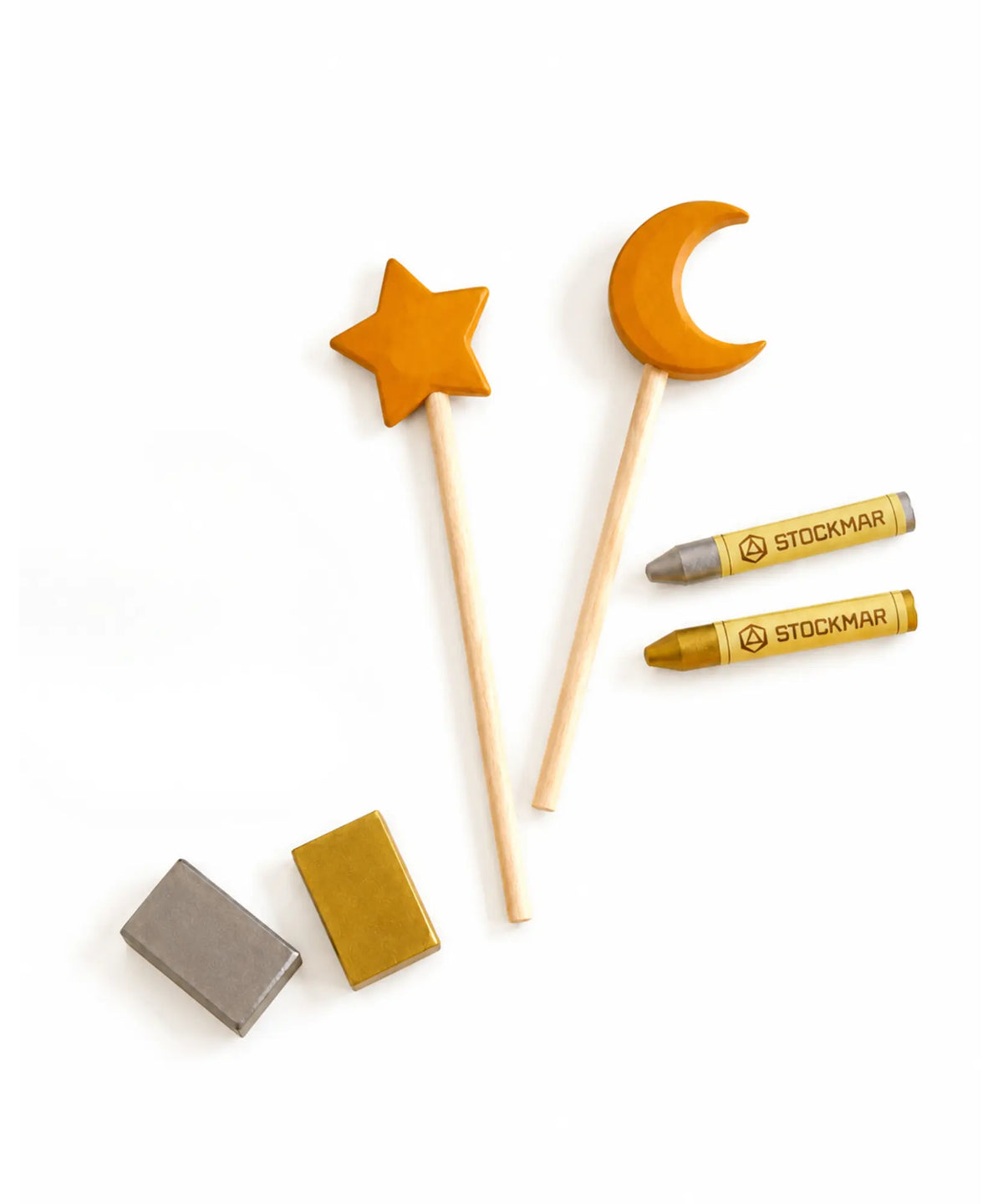 A moon and star wooden wand set and gold and silver Stockmar crayon set