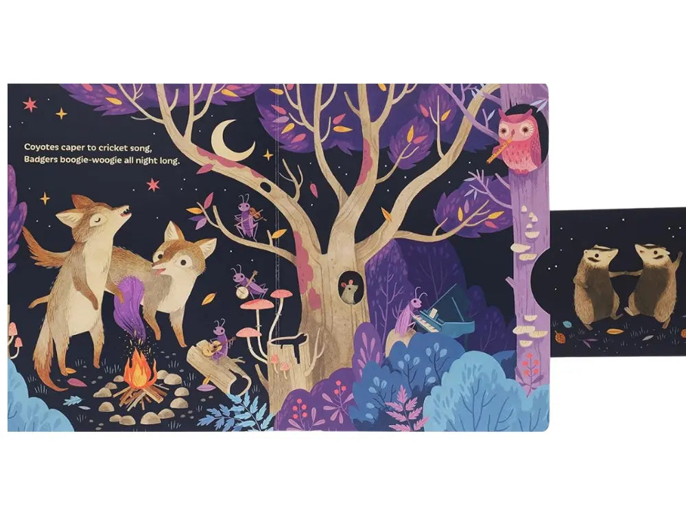 Illustrated children's book with forest animals and a pullout of badgerss at night