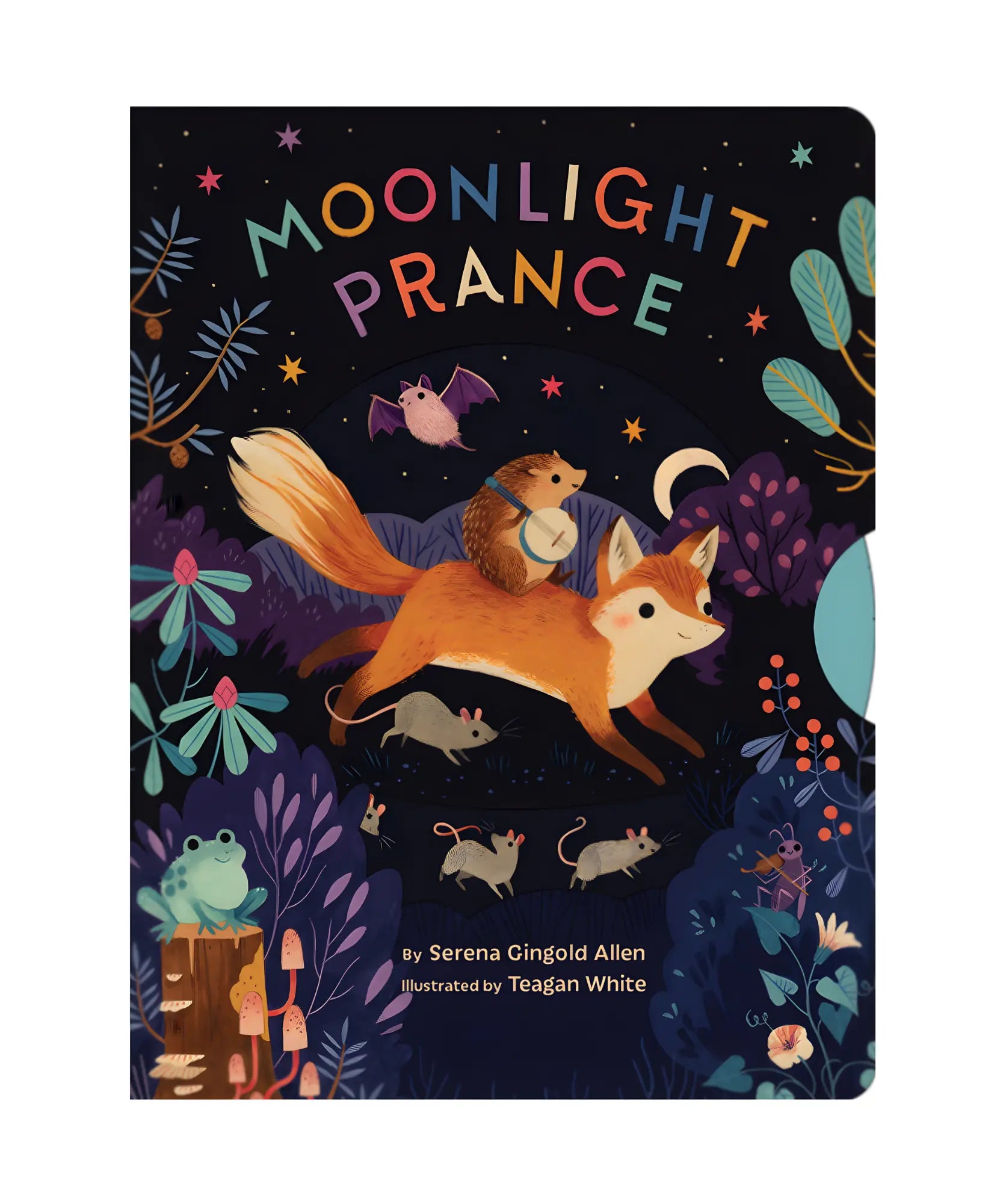 Book cover of 'Moonlight Prance' with fox and mouse illustration on a dark background