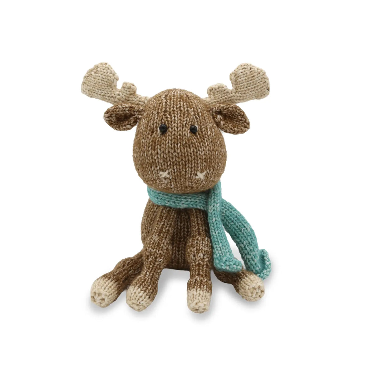Finished Maddie Moose knitted toy with cream antlers and soft blue scarf