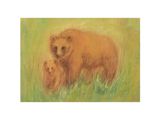 Two bears in a grassy field with a soft, pastel color palette for a summer art postcard