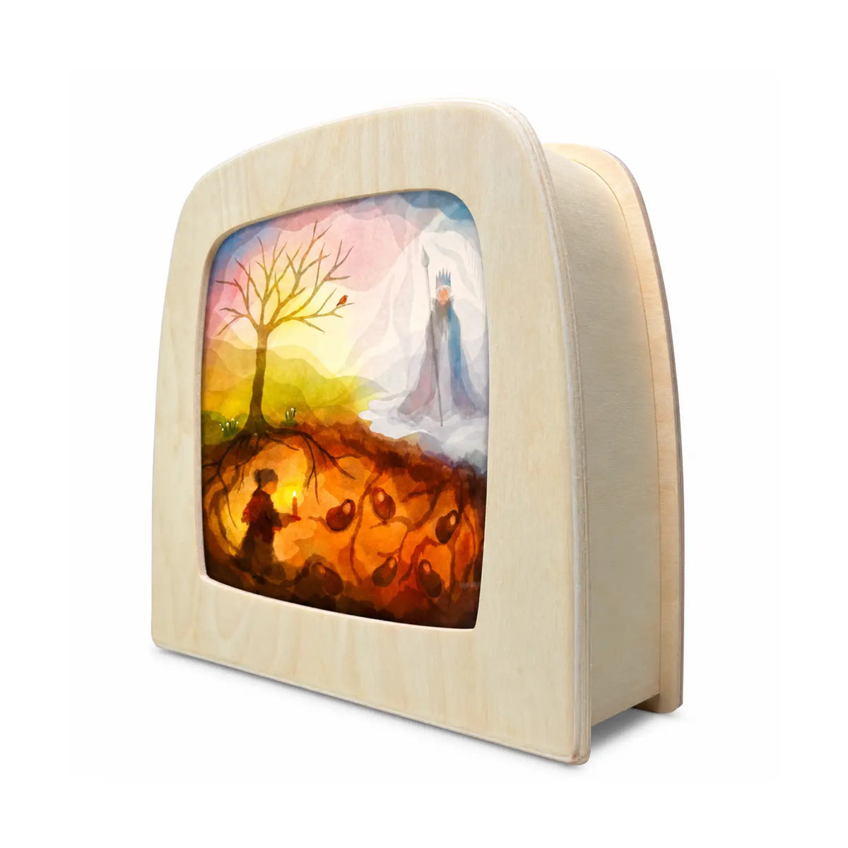 Mother Earth and King Winter depicted in a seasonal winter to spring lamp plate for Toverlux