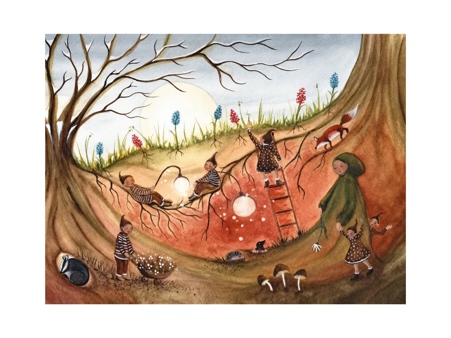 Root Children postcard by Bijdehansje showing Mother Earth, children, woodland animals, and spring bulbs beneath tree roots