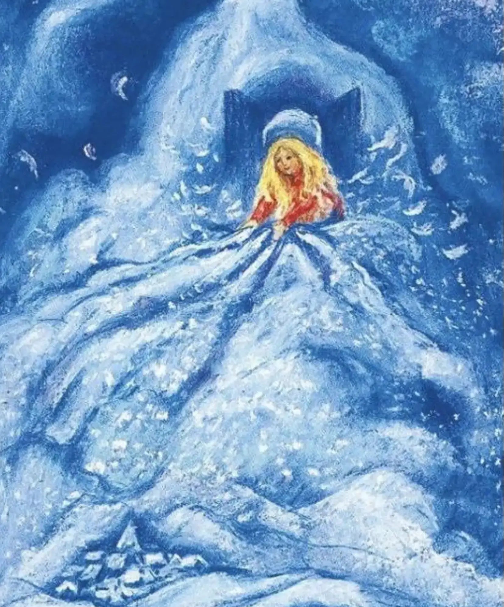 Fairy tale illustration of a girl in a snowy landscape with a castle in the background