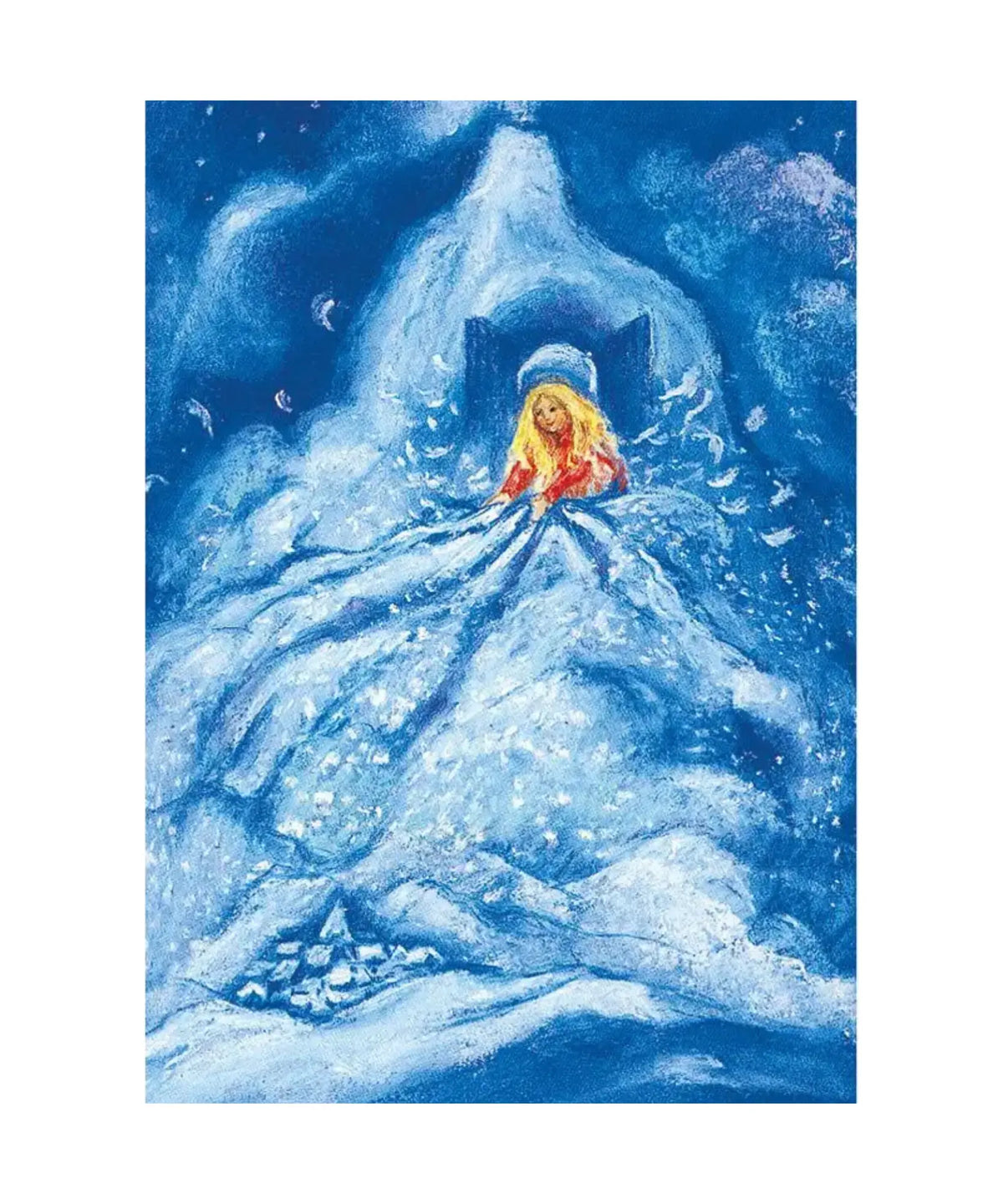 Fairy tale illustration of a girl in a snowy landscape with a castle in the 