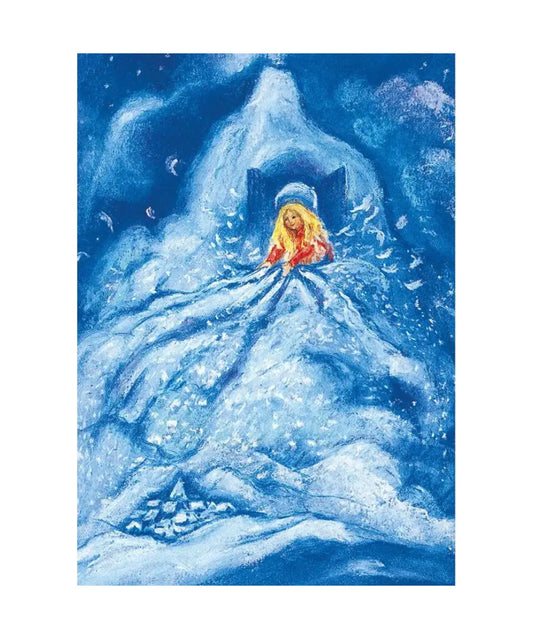 Fairy tale illustration of a girl in a snowy landscape with a castle in the 