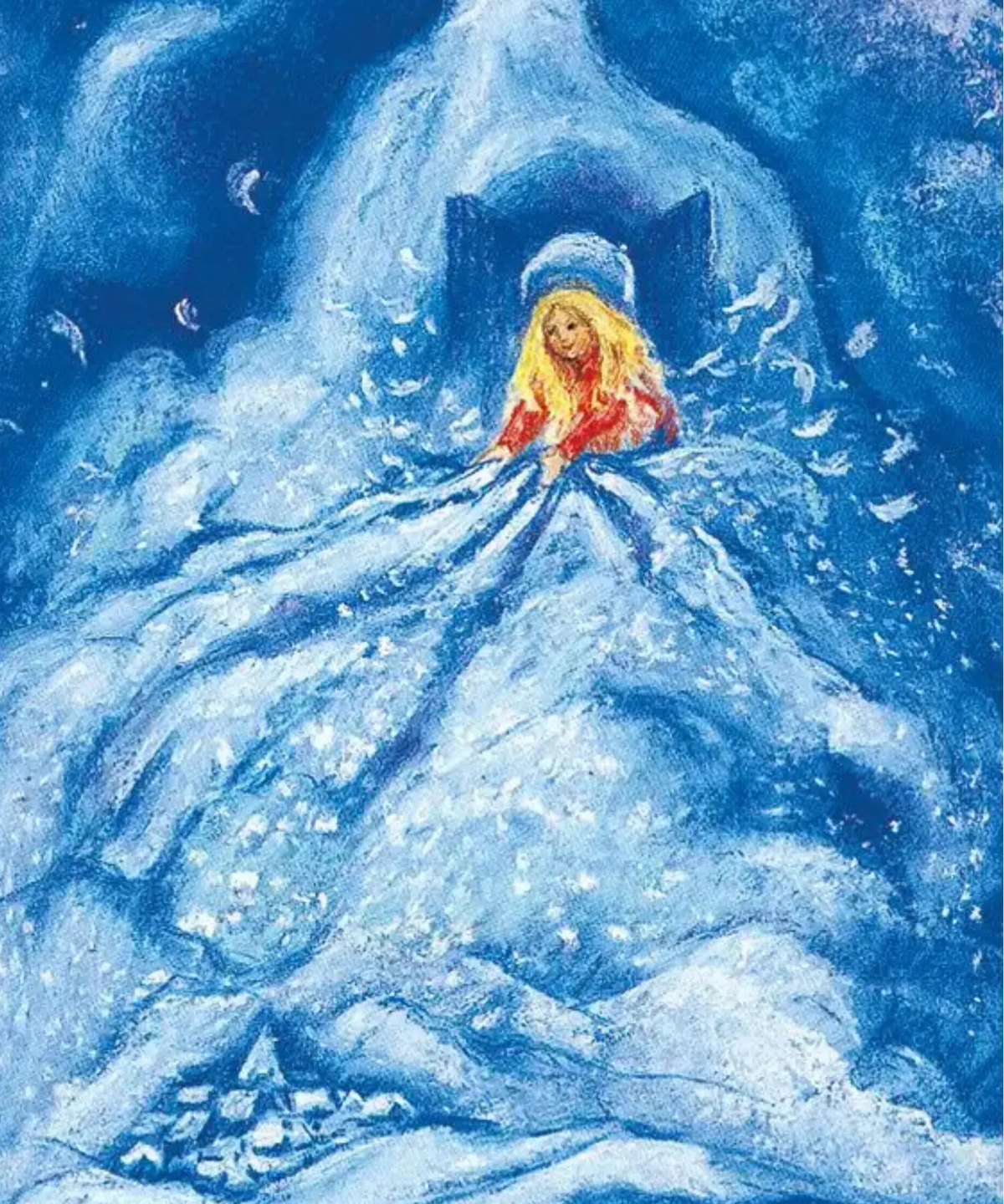Fairy tale illustration of a girl in a snowy landscape with a castle in the 