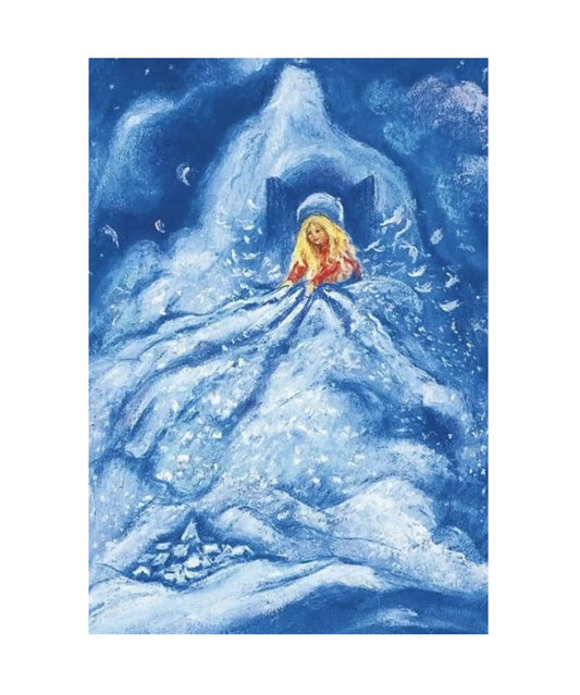 Fairy tale illustration of a girl in a snowy landscape with a castle in the background