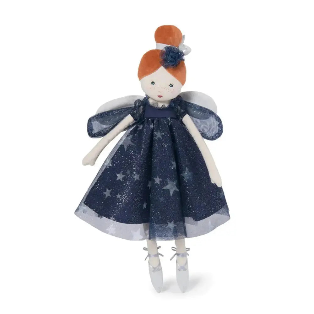 Fairy doll with a blue dress featuring star patterns on a white background