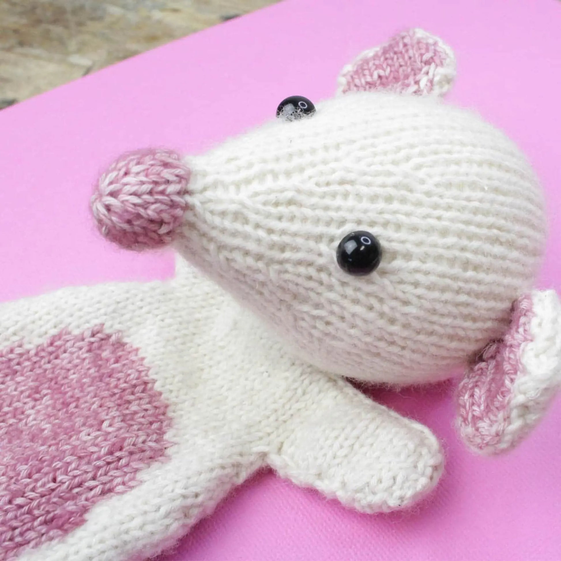 Close-up of finished knitted mouse stuffed animal from a Scheepjes yarn kit