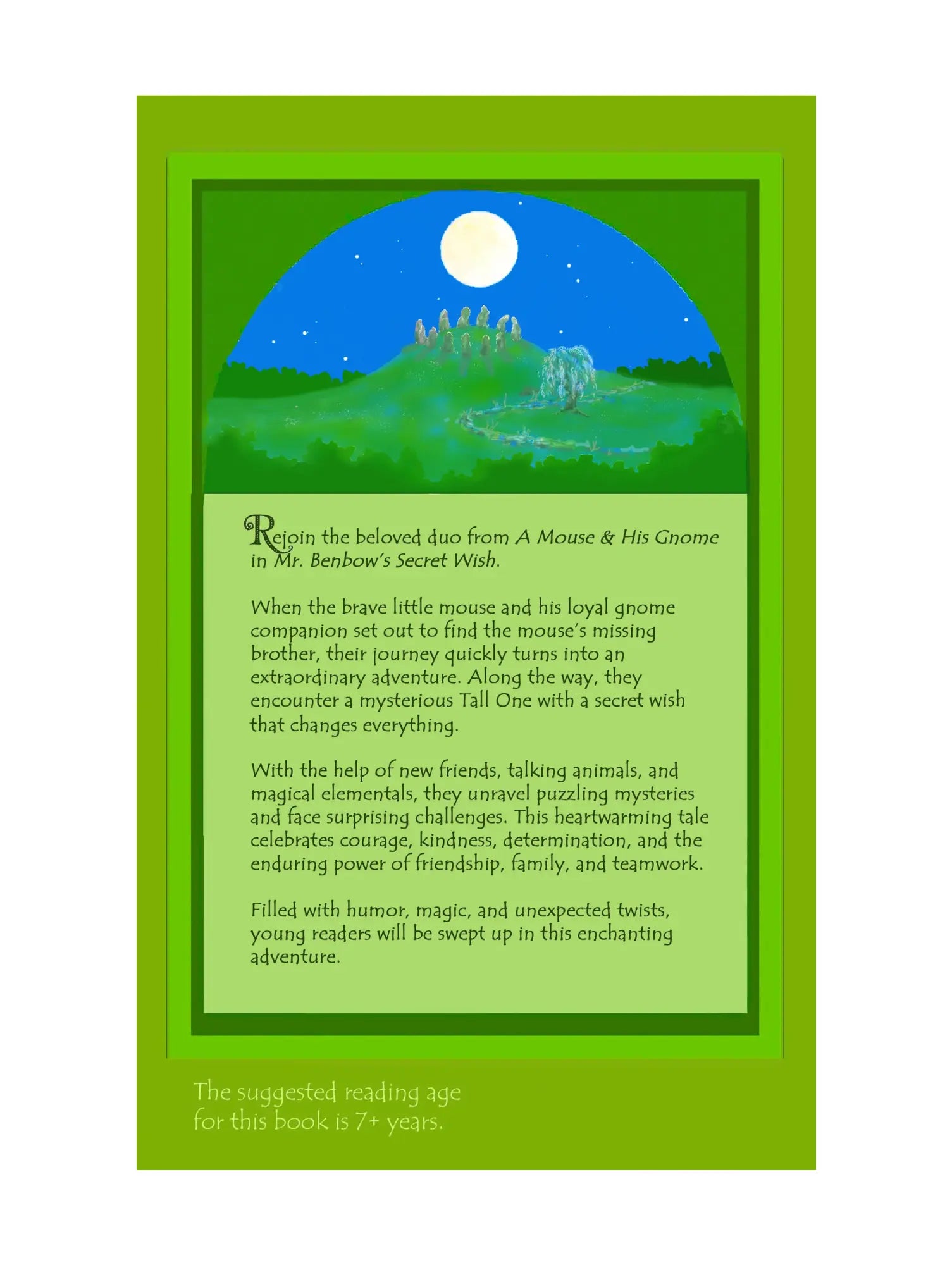 Book cover with green border and text about a mouse and gnome adventure