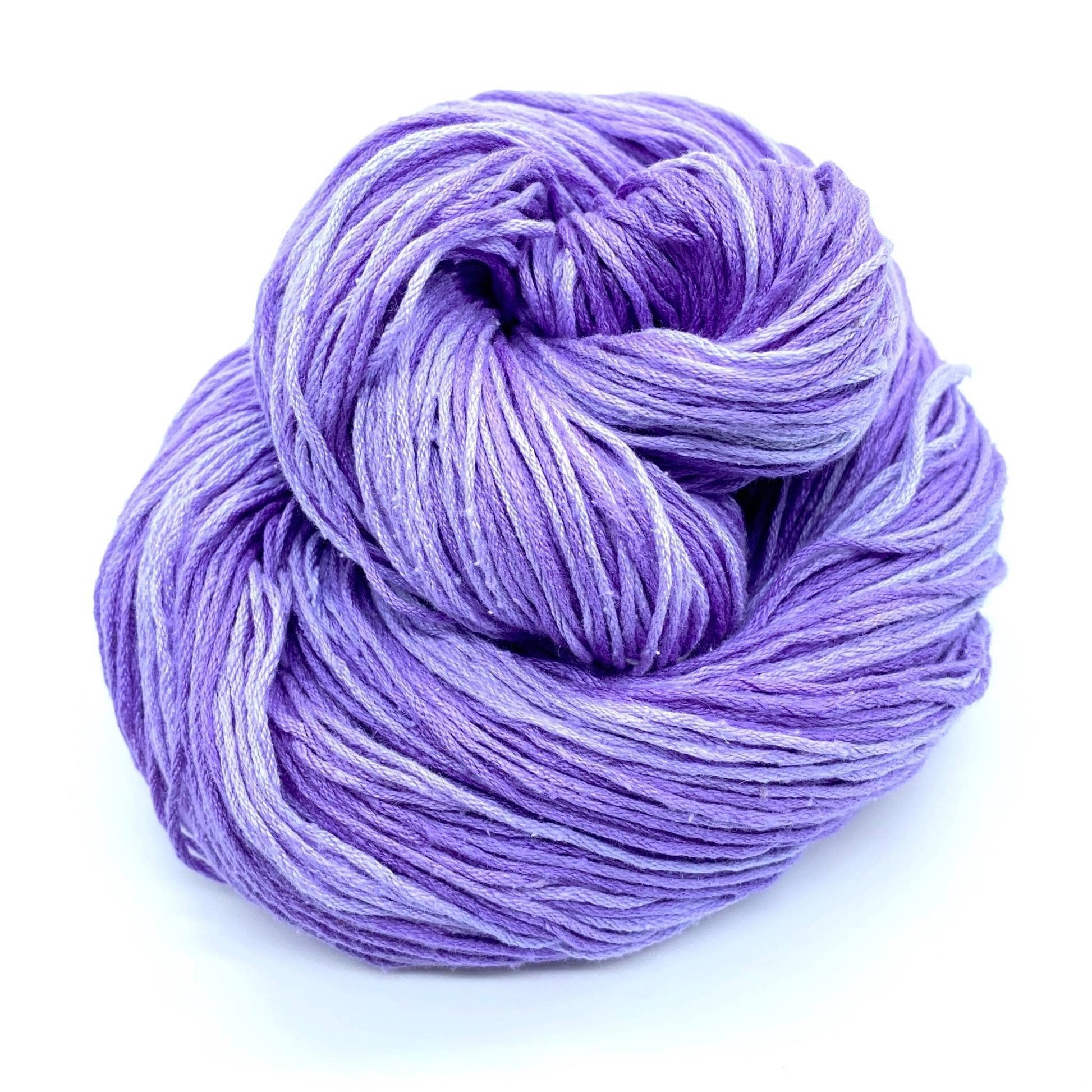 Mulberry silk fingering weight yarn skein in two tones of light and medium purple