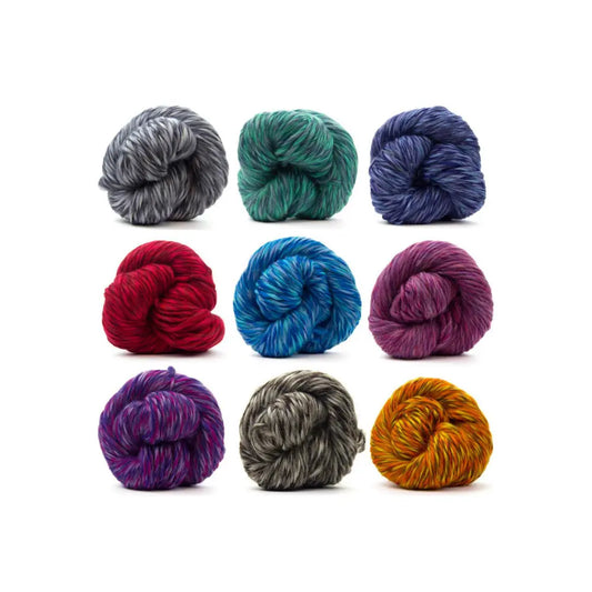 Nine skeins of multicolored wool yarn in various shades on a white background