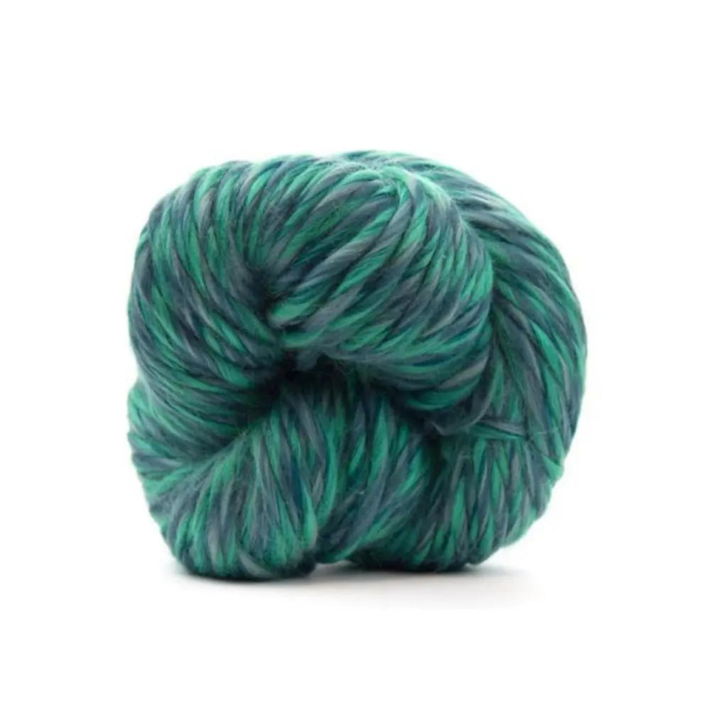 Green and gray skein of yarn on a white background