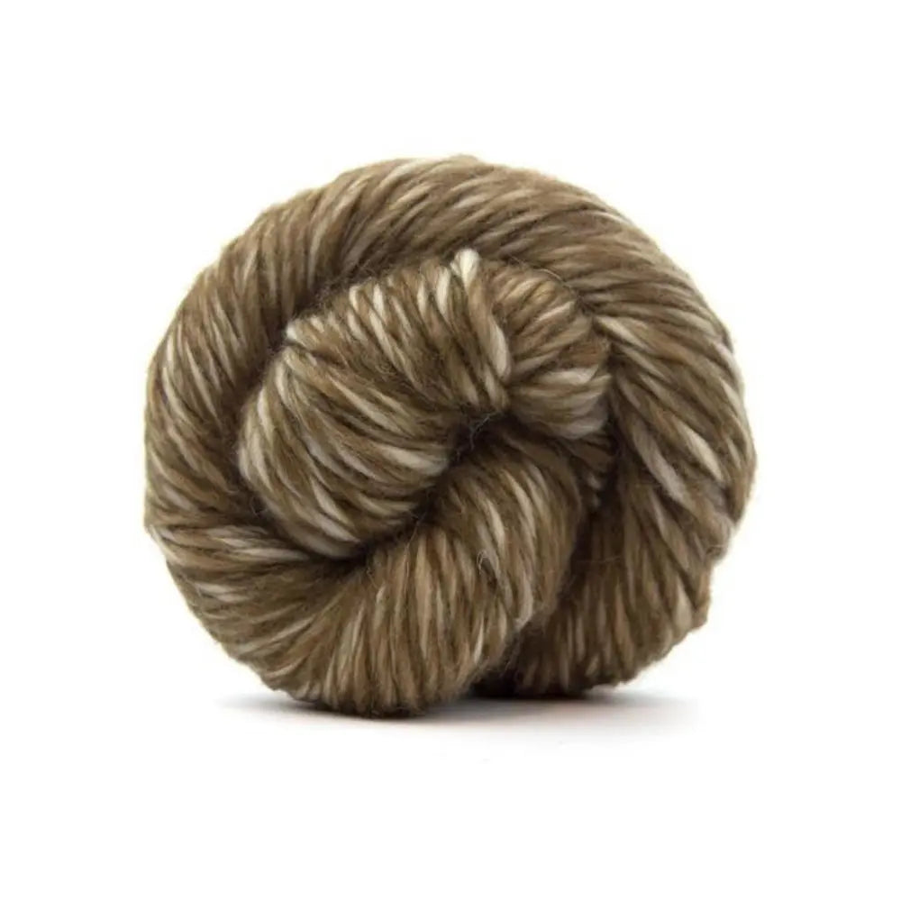 Ball of gray-brown yarn on a white background