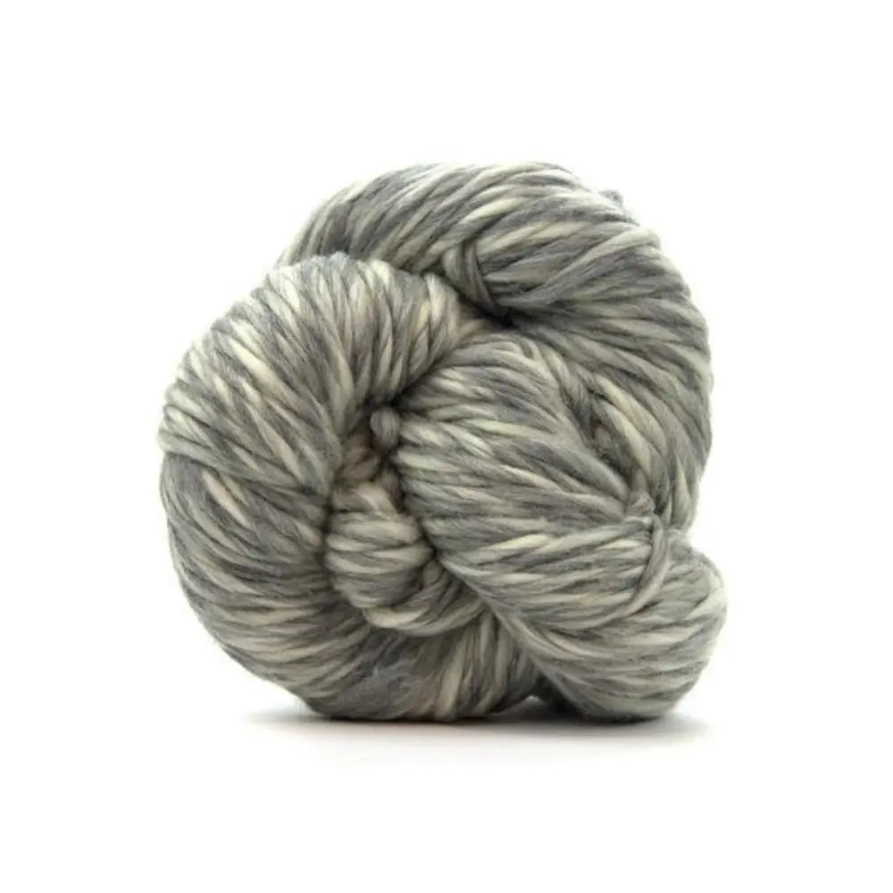 Gray and white skein of yarn on a white background