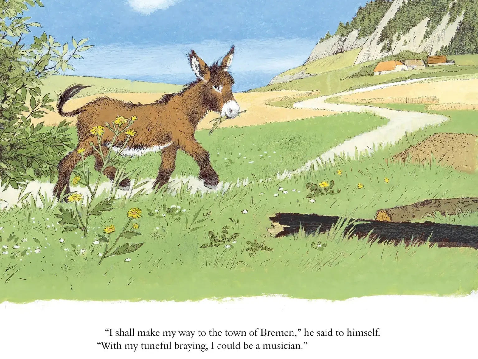 Illustration of a donkey walking along a path in a scenic landscape with text.