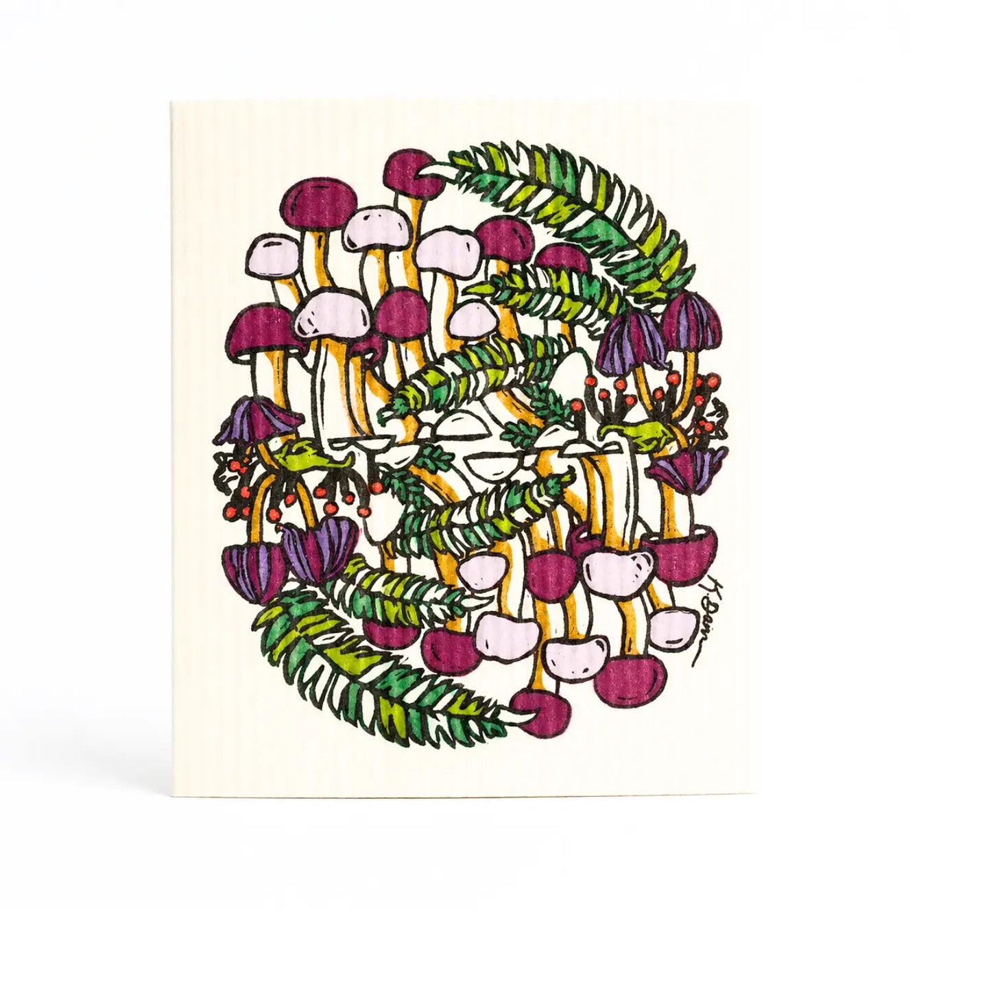 Reusable Swedish dishcloth with lilac and plum mushrooms, ferns, and woodland plants