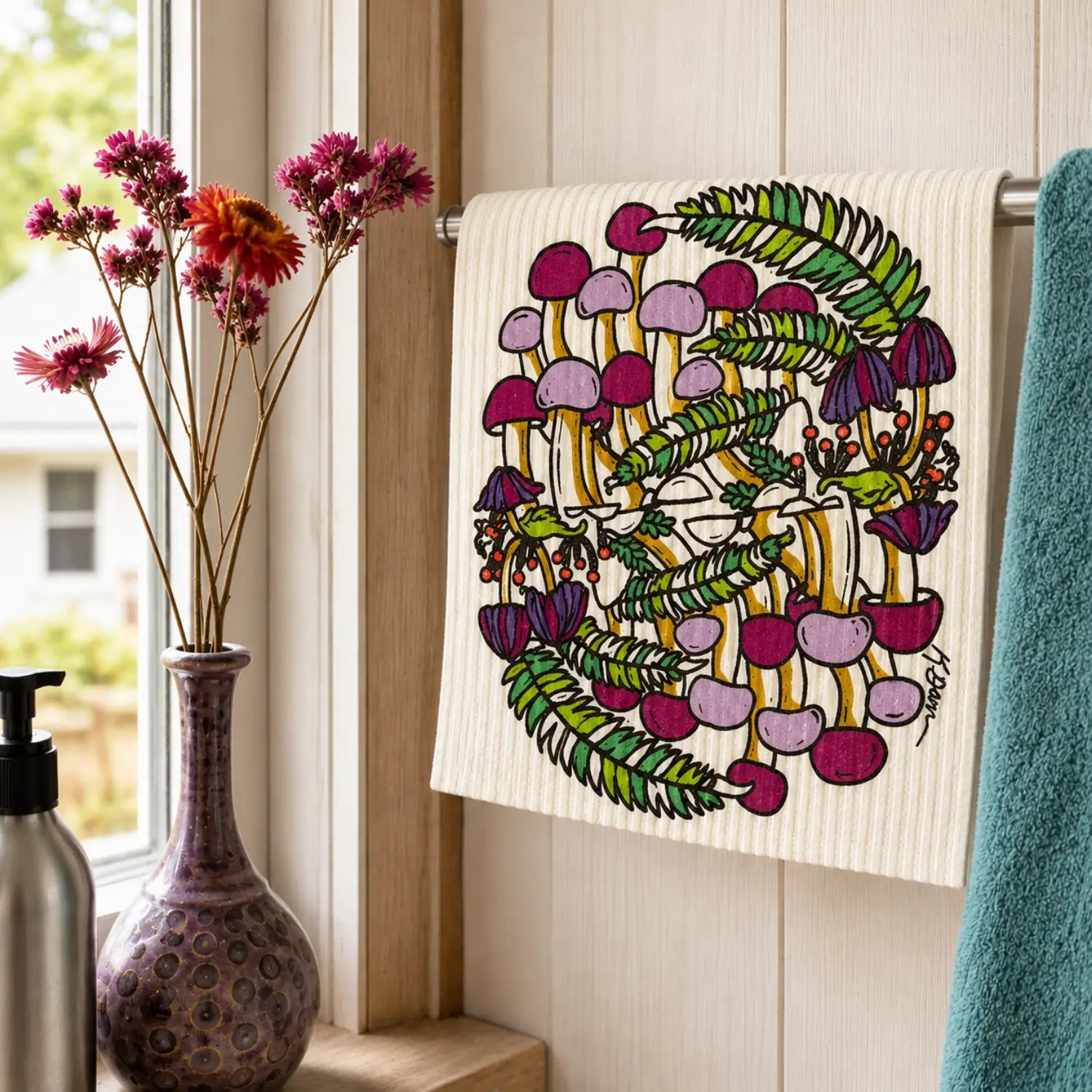 Reusable Swedish dishcloth with lilac and plum mushrooms, ferns, and woodland plants