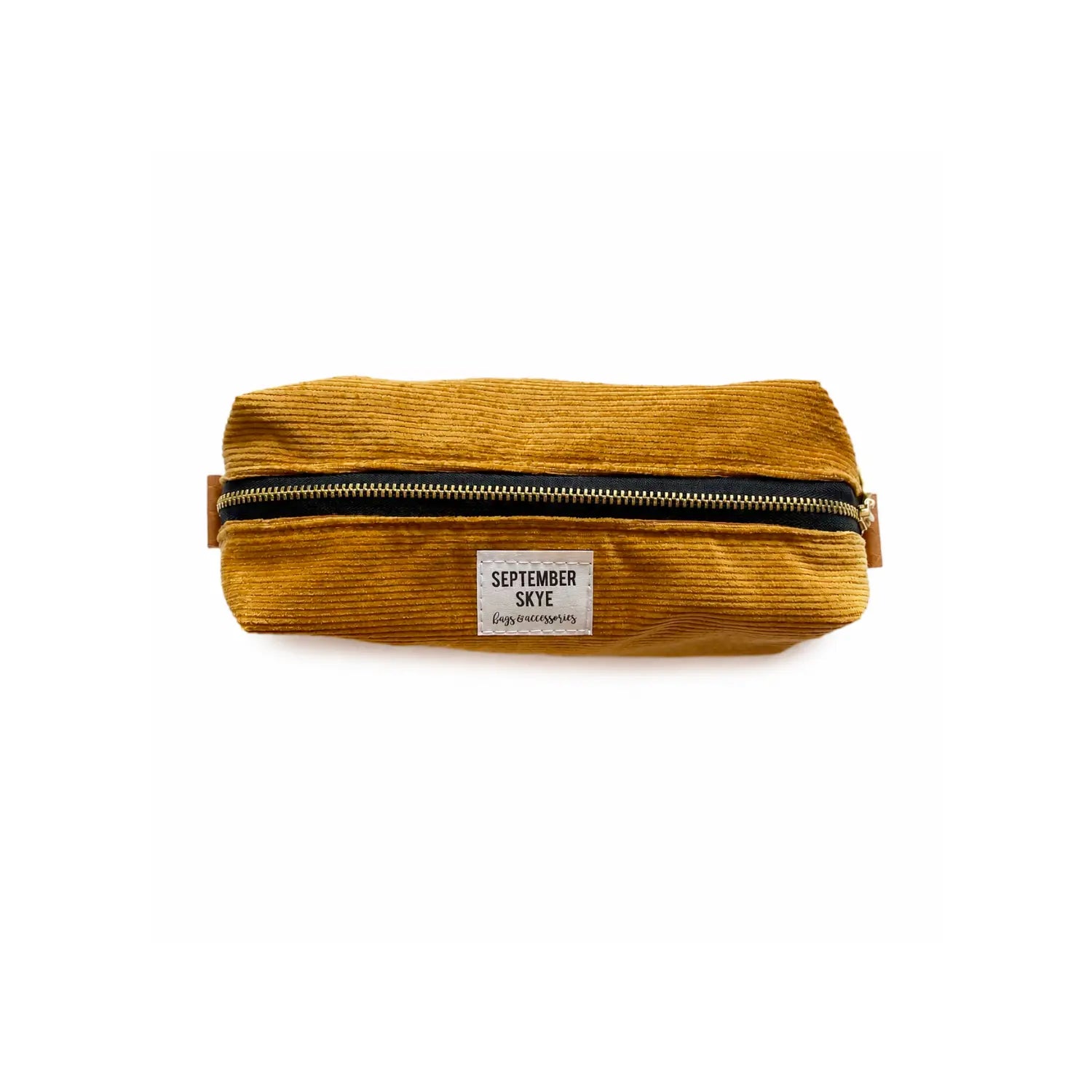 Golden mustard cotton corduroy boxy pencil pouch by September Skye with gold-tone zipper