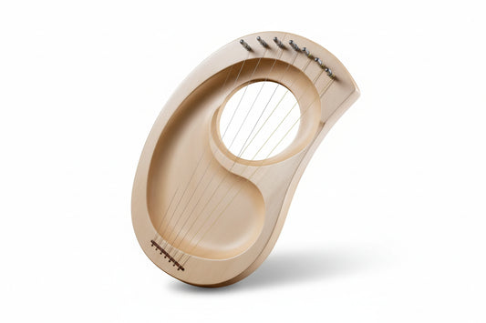 Wooden lyre harp on a white background
