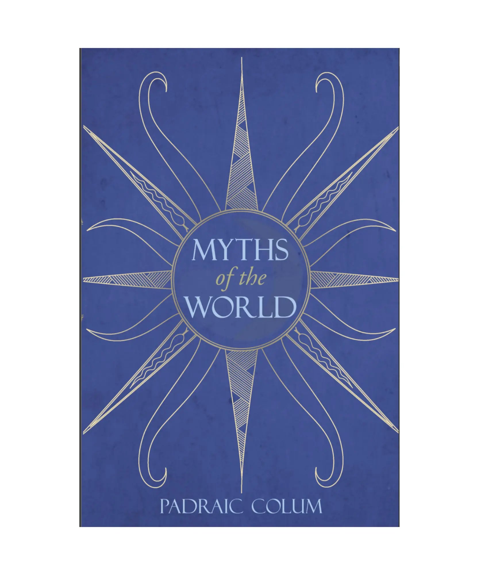 Book cover of 'Myths of the World' by Padraic Colum with a blue background and star-like design.