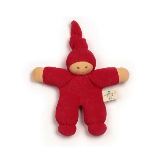 Red organic Nanchen terrycloth doll with a tag on a white background
