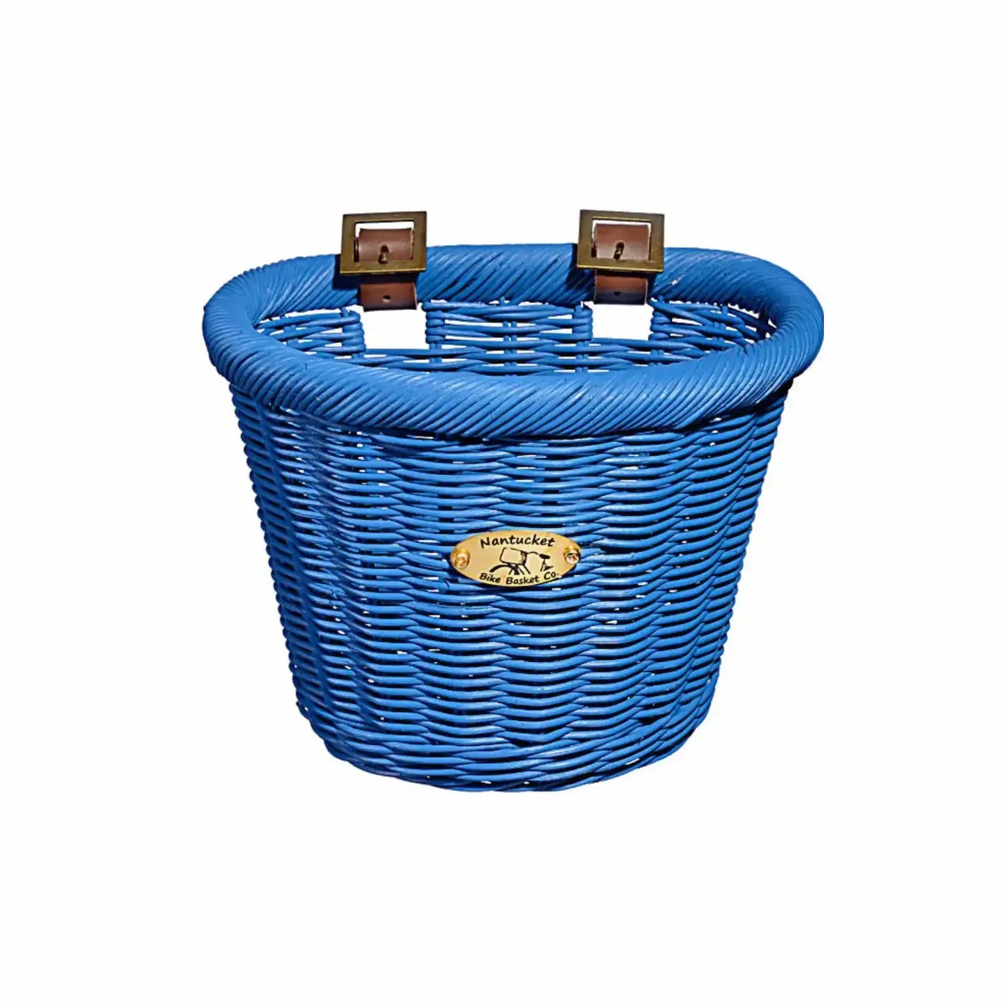 Blue wicker bicycle basket with wooden clips on a white background