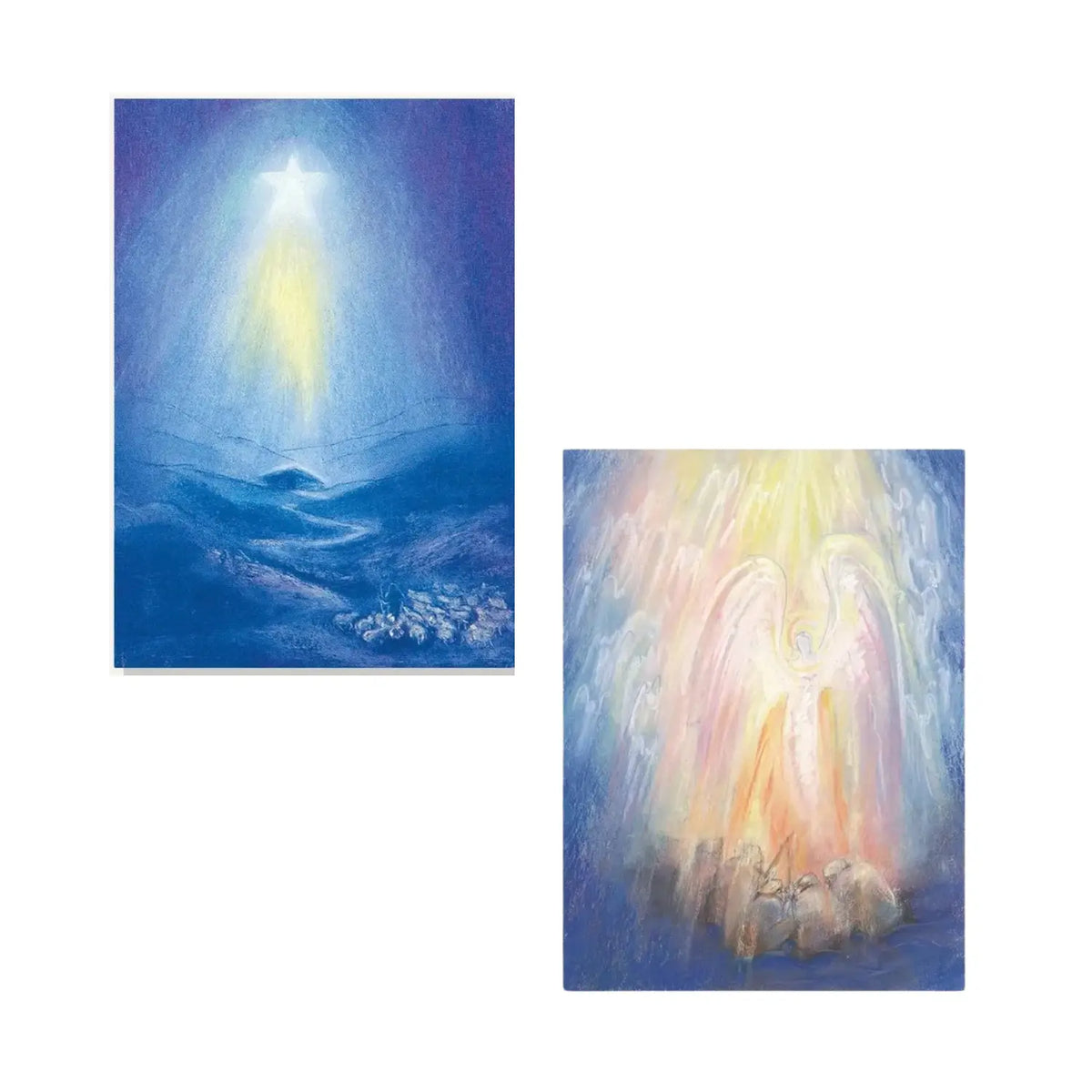 Two Nativity postcards featuring a radiant star above winter hills and a luminous angel above gathered figures.