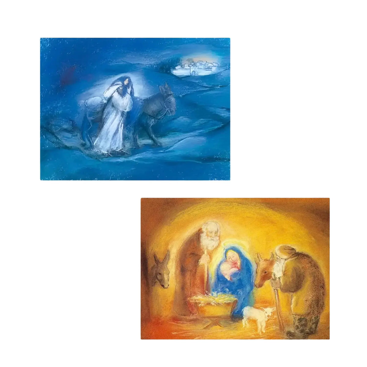 Two Nativity postcards showing Mary and Joseph traveling at night and the Holy Family gathered in a golden stable.