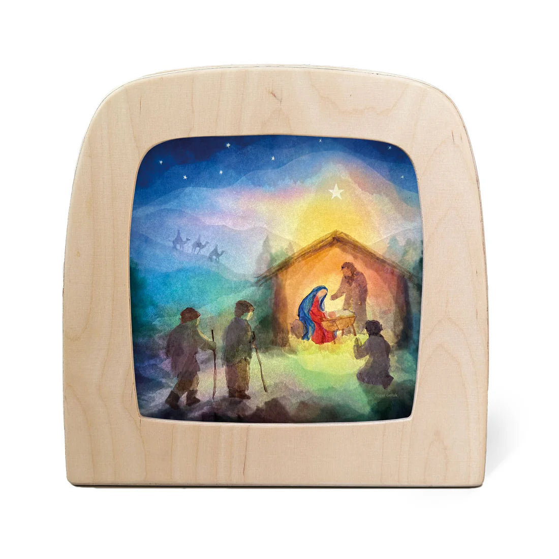 Nativity scence of Joseph, Mary, and Jesus in a stable with shepherds and wise men under a starry sky in a Toverlux frame