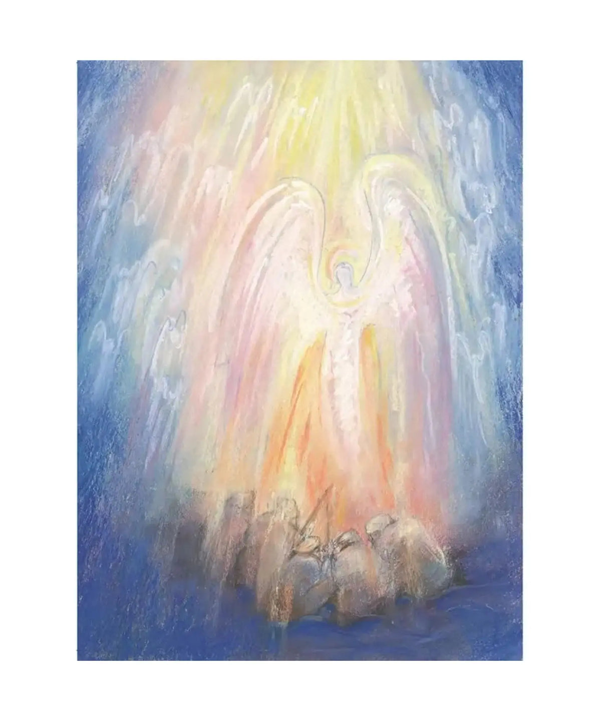 Peace on Earth postcard by Marjan van Zeyl depicting a luminous angel with outstretched wings.