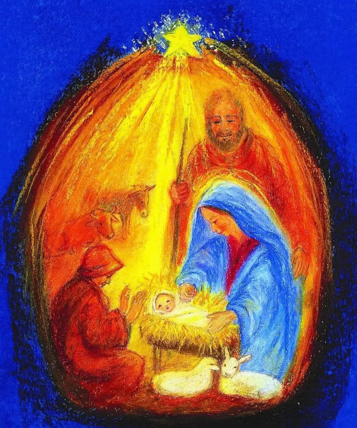 In Bethlehem's Stable postcard by Marjan van Zeyl showing Mary, Joseph, and baby Jesus in a golden stable beneath a bright star, with a shepherd and lamb against a deep blue sky.