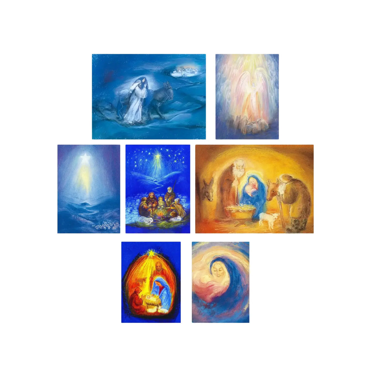 Seven Marjan van Zeyl Nativity postcards featuring Mary and Joseph, shepherds, angels, the Holy Family, and the Christmas star.