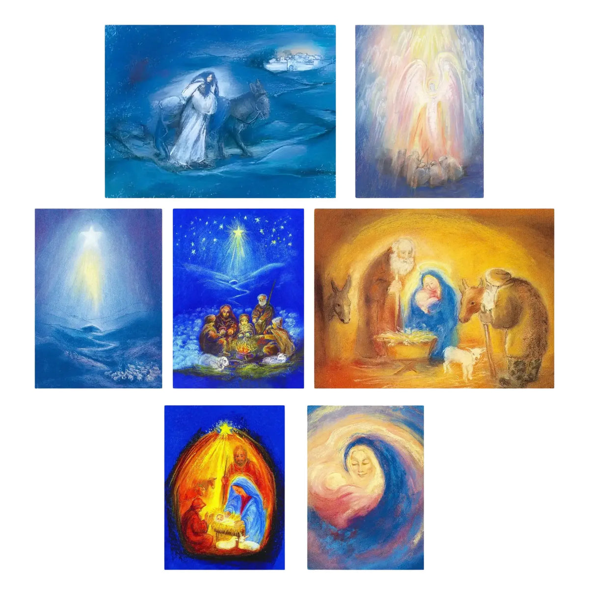 Seven Marjan van Zeyl Nativity postcards featuring Mary and Joseph, shepherds, angels, the Holy Family, and the Christmas star.