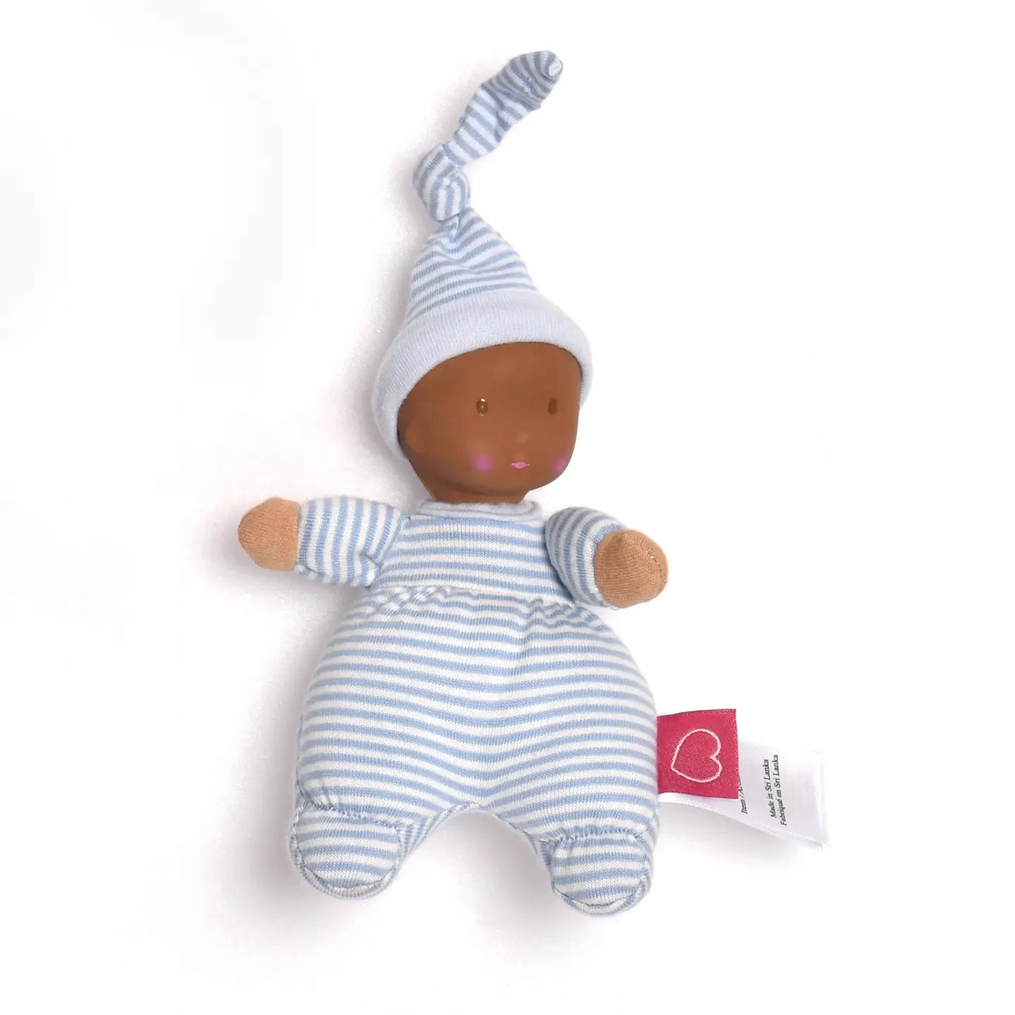Natural Baby Doll – Brown Skin in Striped Cotton  on white background