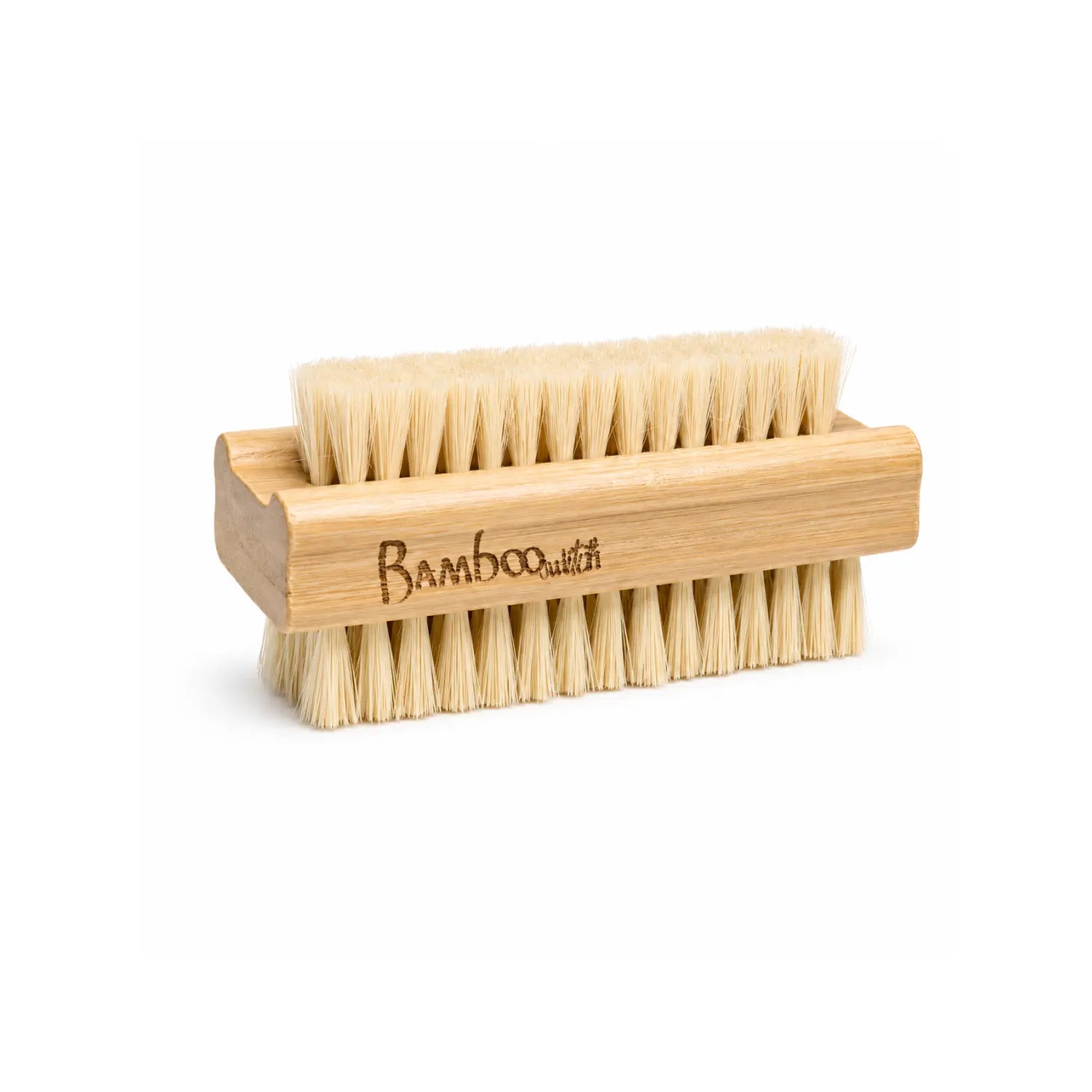 A bamboo-handled dual-sided nail brush featuring the engraved brand name 'Bamboo with a heart' on the wooden handle