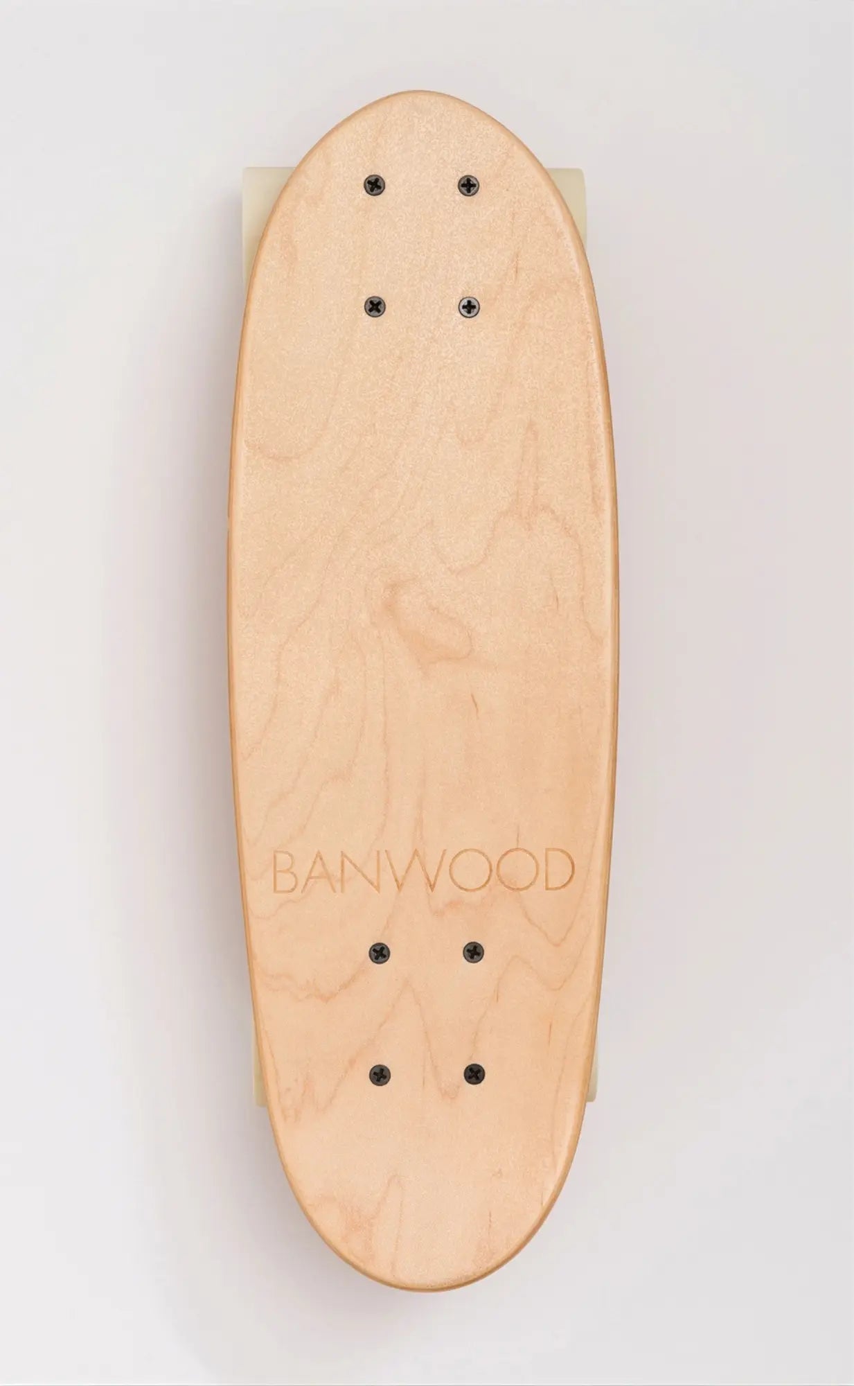 Wooden skateboard deck with 'BANWOOD' branding on a light gray background