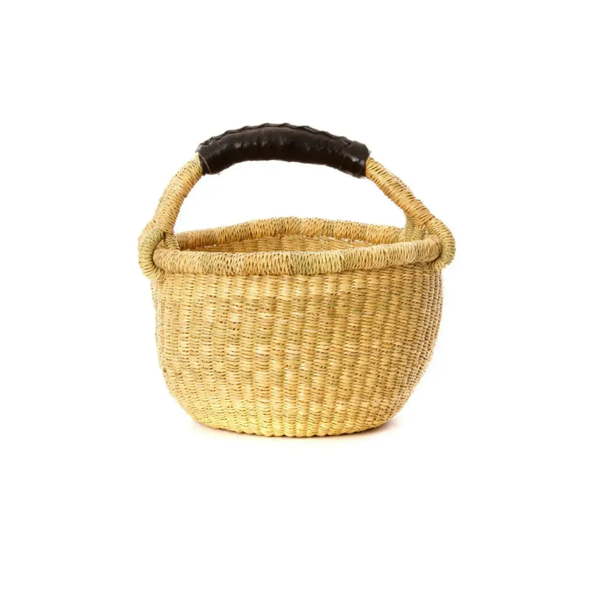 Natural handwoven children's Bolga basket with a dark wrapped handle on a white background.