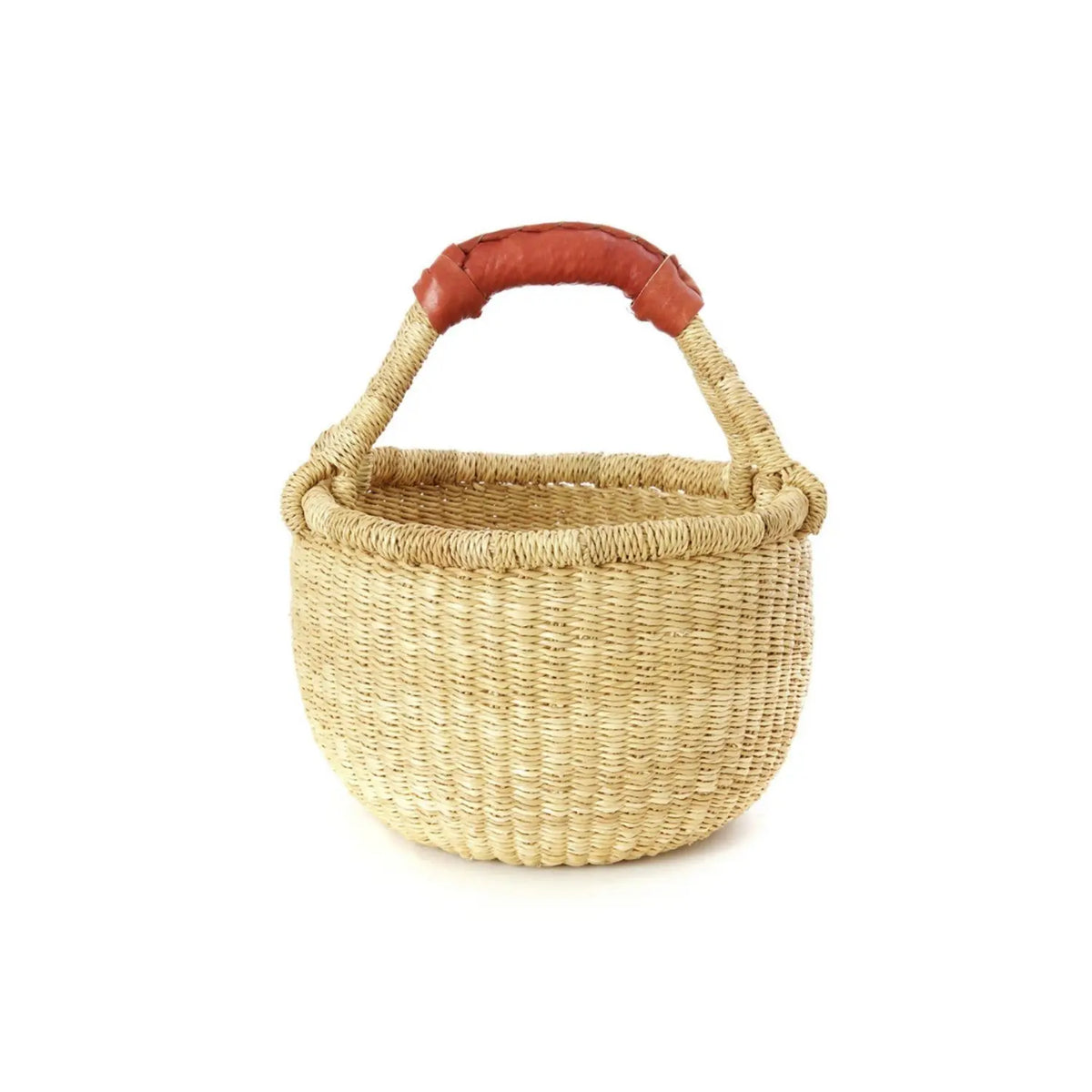 Natural handwoven children's Bolga basket with a red wrapped handle on a white background.