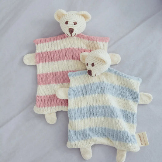 Snugglenatural cotton Lovey Bear for Baby in blue and cream and pink and cream colorways